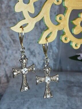 Handmade Beautiful Goldtone Cross Earrings With Crystal Accents